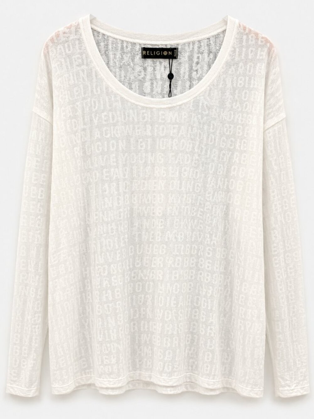 RELIGION Ivory Sheer Burnout Text Long Sleeve Oversized Top XS/S